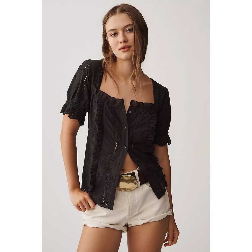 Anthropologie Black Eyelet Ruffle Cotton Blouse